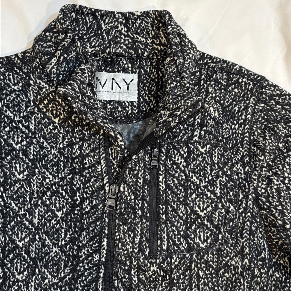 Andrew Marc NY Black and White Geometric Cableknit Print Full Zip Jacket